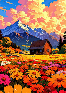 Cabin in a field of flowers
