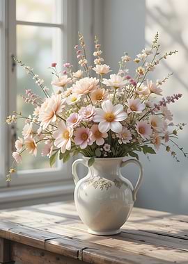 Floral arrangement in a white vase
