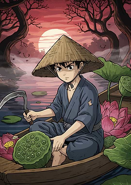 Boy Boat Lotus Flowers