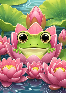 Cute Frog Lotus Flower Pond