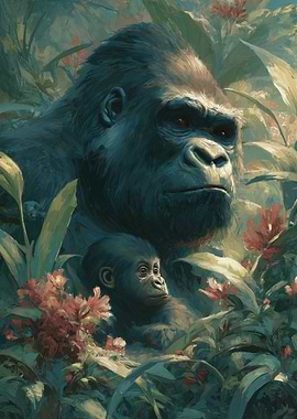 Gorilla Family in Jungle Painting