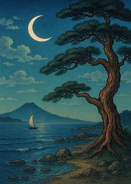 Japanese Landscape with Moon and Sailboat