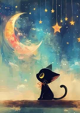 Black Cat Gazing at Moon and Stars