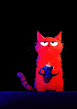 Grumpy Red Cat with Coffee