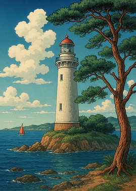 Lighthouse on Island with Sailboat