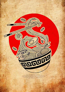 Ramen Bowl with Chopsticks and Red Sun