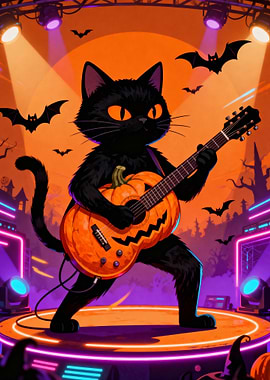 Halloween Cat Rocking Pumpkin Guitar