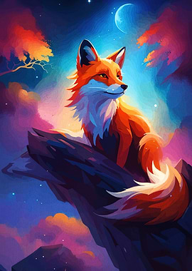 Fox on a Rock Under Moonlight