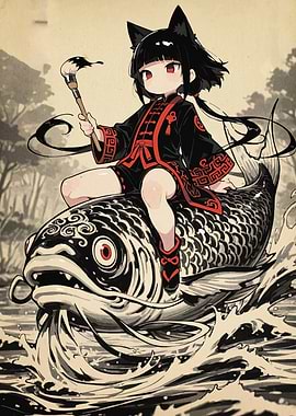 Anime Girl Riding a Fish