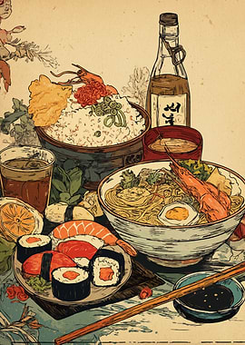 Japanese Food Still Life Illustration
