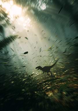 Dinosaur Raptor Running Through Jungle