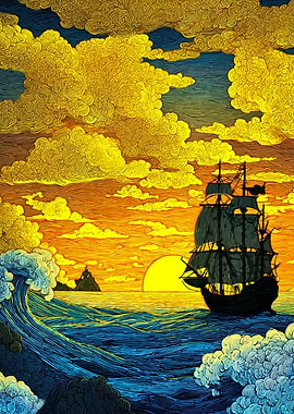 Sailing Ship at Sunset