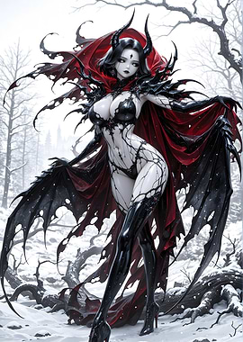 Dark Fantasy Woman in Snowy Forest