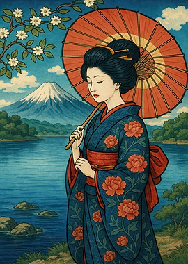 Geisha with Parasol and Mountain View