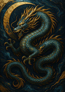 Golden Dragon on Dark Blue Background