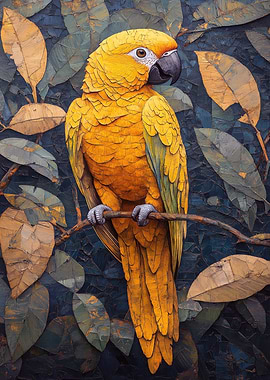 Golden Parrot on Branch with Leaves