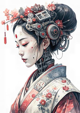 Cyberpunk Geisha with Floral Headdress
