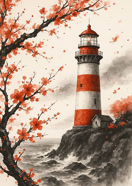 Lighthouse and Cherry Blossoms Painting