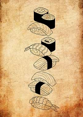 Sushi Line Art on Vintage Background