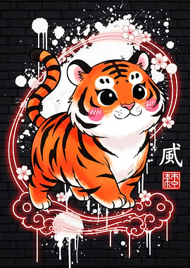 Cute Cartoon Tiger with Neon Accents