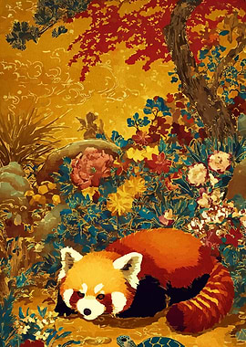 Red Panda in Floral Landscape Painting
