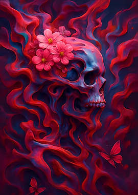 Floral Skull with Abstract Red Waves