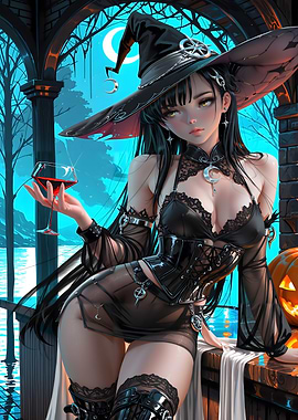 Anime Witch with Wine and Pumpkin