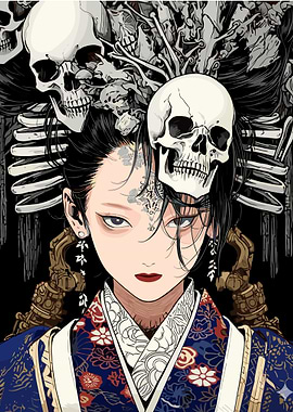 Woman with Skulls and Floral Kimono
