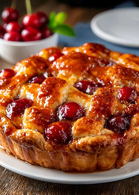 Delicious Cherry Pie on Wooden Table