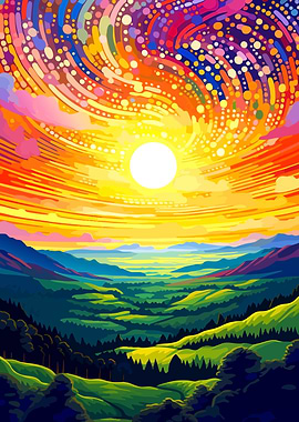 Colorful Landscape with Swirling Sky