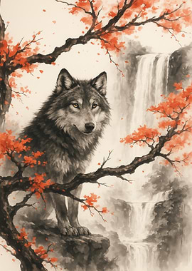 Wolf portrait with waterfall and foliage