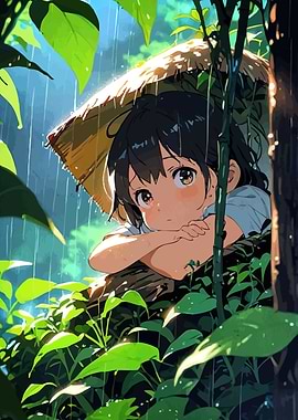 Anime Girl Rain Straw Hat