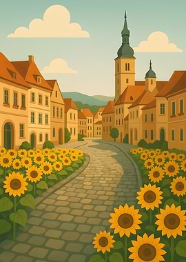 Sunflower-lined street in a European town