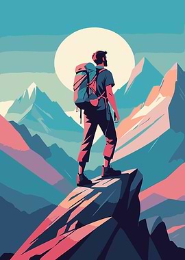 Hiker on Mountain Peak Illustration