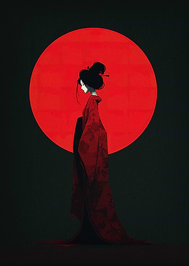 Geisha in Red Kimono with Red Sun