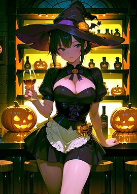 Anime Witch with Wine and Pumpkins