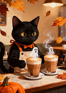 Black Cat Barista with Halloween Latte Art