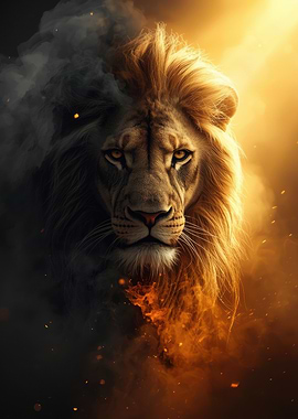Lion portrait with smoke and fire