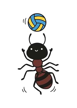 Cartoon Ant Playing with Volleyball