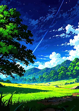 Anime Landscape with Shooting Star