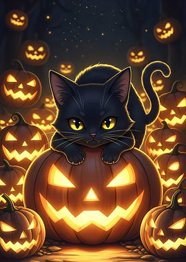Black Cat on Halloween Pumpkin Patch