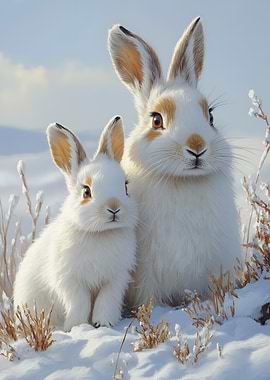 Two White Rabbits in Snowy Field