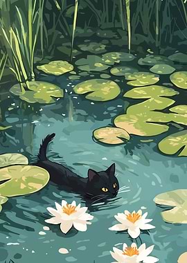 Black Cat Swimming in Lily Pond