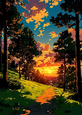 Sunset Path Through Trees