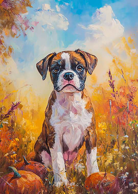 Boxer Dog Portrait with Pumpkins Painting | Fall Dog Print