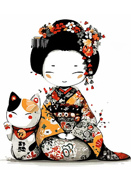 Geisha and Maneki Neko Illustration