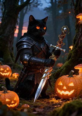 Halloween Cat Knight in Forest
