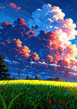 Anime Landscape with Clouds and Field