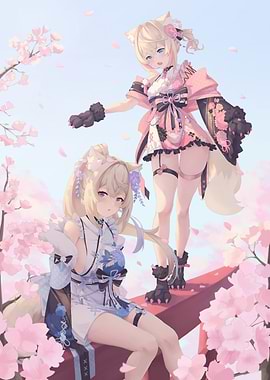 Anime Girls with Fox Ears and Cherry Blossoms