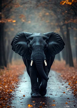 Elephant Walking Through Autumn Forest